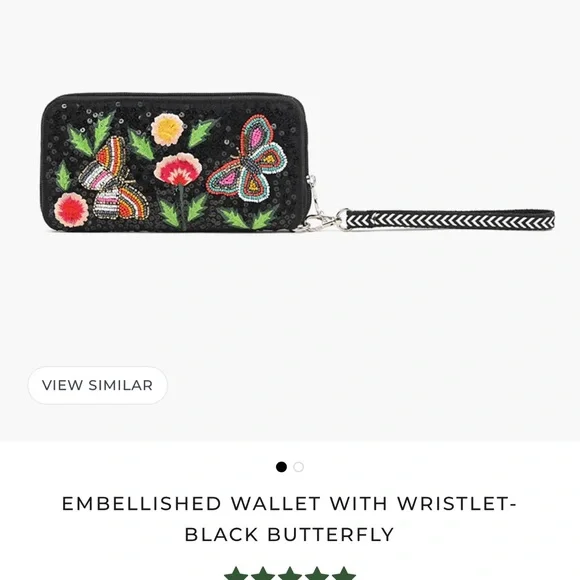 America & Beyond NWT embellished beaded wallet with wristlet - black butterfly - Picture 2 of 12